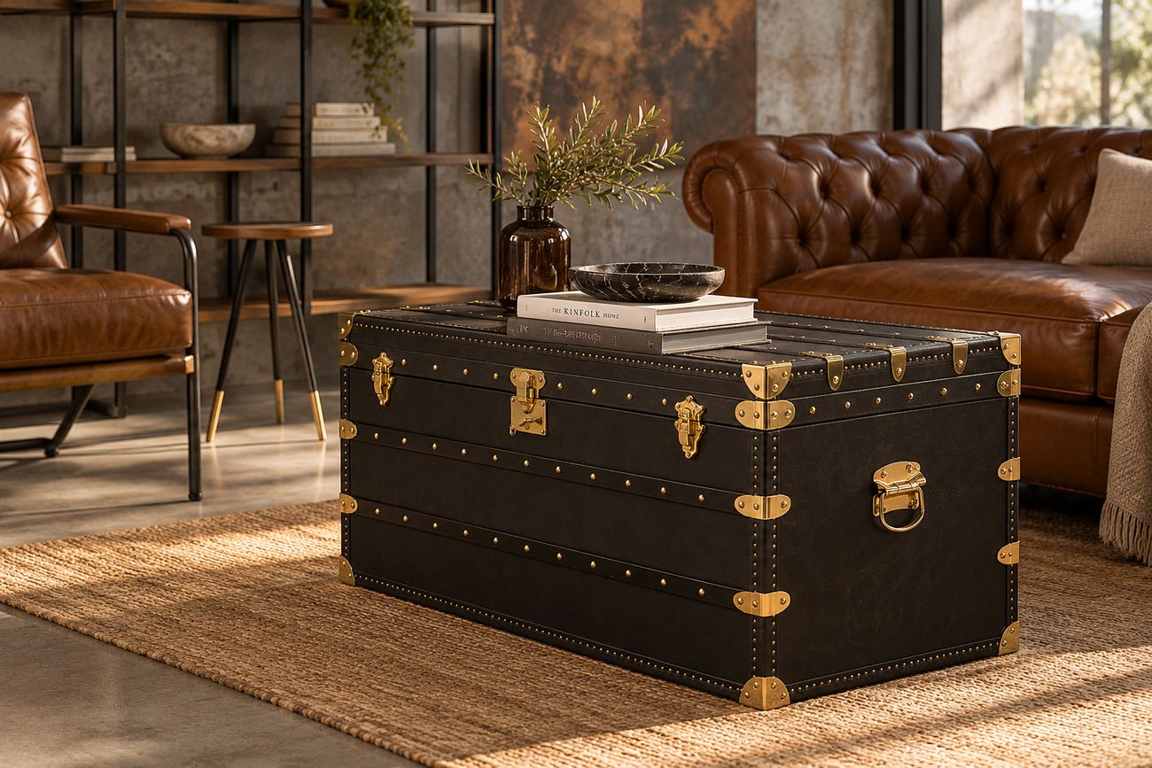 Baúl negro de la colección Dorian Loft en salón industrial elegante