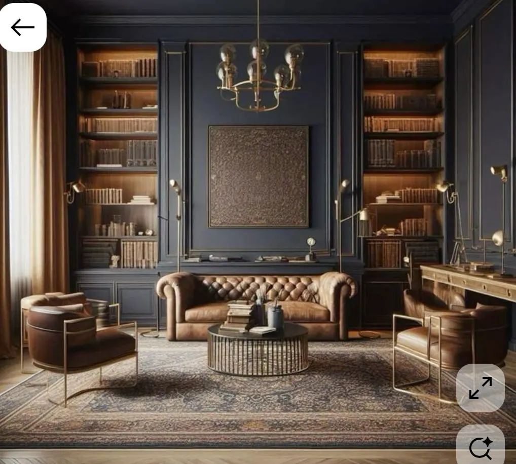 Salón clásico inglés con sofás de piel y estanterías oscuras