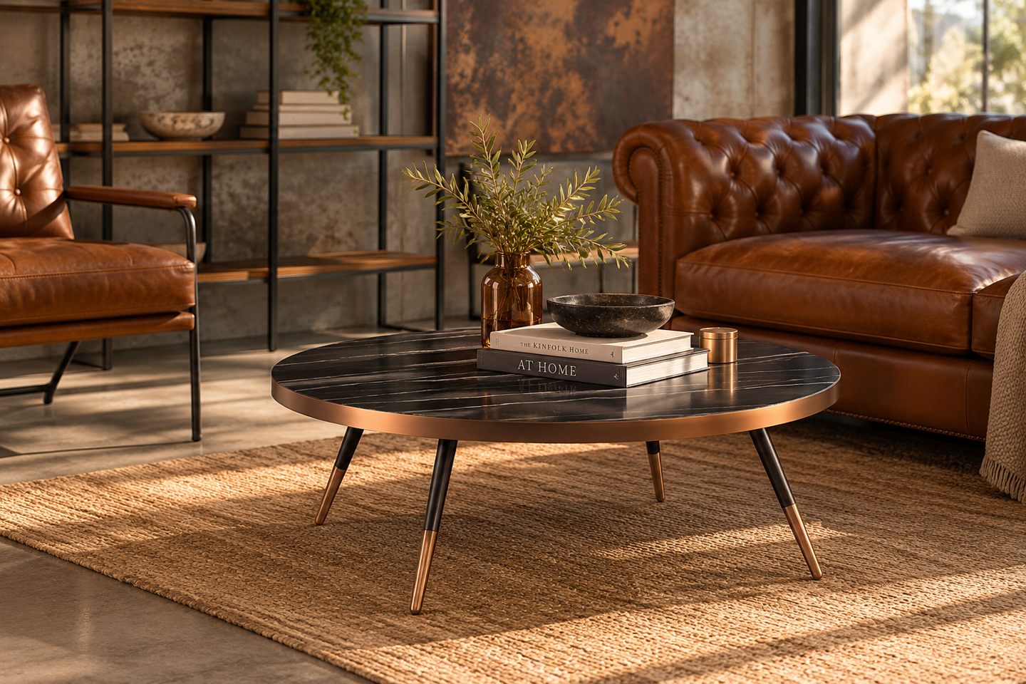 Mesa de centro circular de porcelánico negro y detalles bronce en salón de estilo industrial inglés